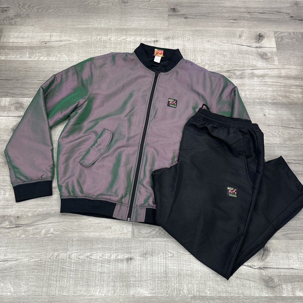 Surf Style Jacket Pant Men XL Iridescent Bomber Full Zip Satin windbreaker Retro